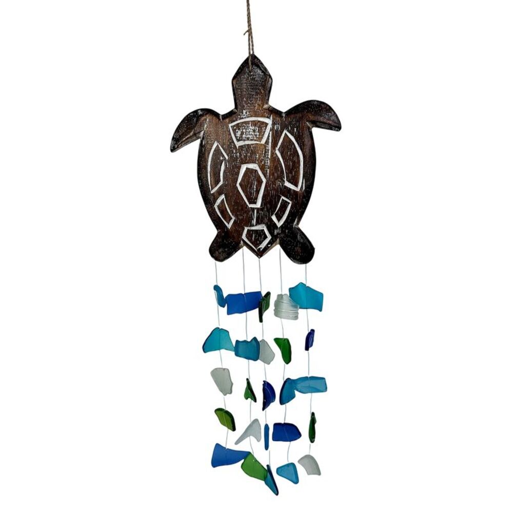 Sea Turtle Wind Chime Hand Carved Wood Frosted Glass 19 in Coastal Decor
